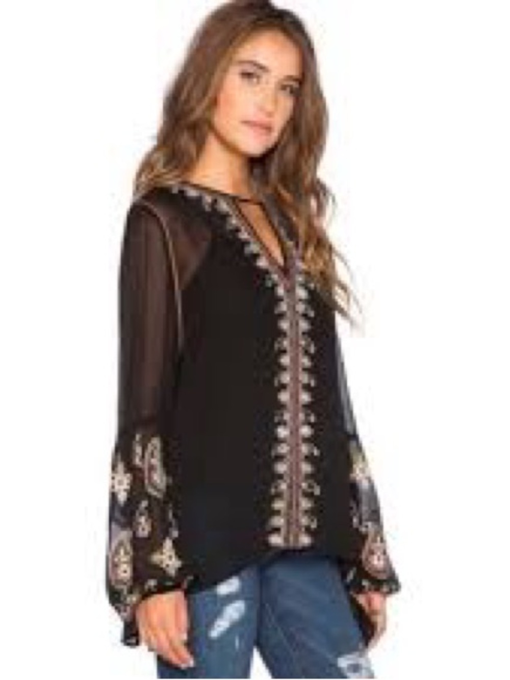 Love Sam Black Embroidered Boho peasant Blouse Balloon Sleeves size S (small)